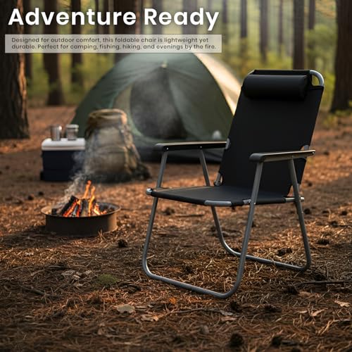 Image of Pivalo Camping Chair with Adjustable Pillow and Arm Rest Portable & Lightweight Foldable Garden Fishing Chairs for Travelling Outdoor Beach Hiking (Large,Black)