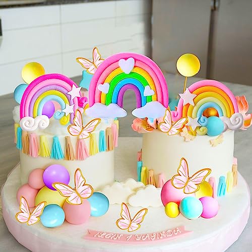 Jevenis CA-A-255 33 Pcs Pink Rainbow Cake Topper Unicorn Rainbow Cake Decorations Boho Cake Topper Girls Birthday Baby Shower Cake Topper thumb #5