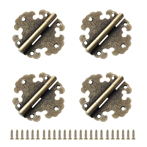 GUANGJIA 4 Pcs Bronze Tiny Antique Brass Hinges, Brown, 6.6 x 6.7 cm, Surface Mount, Antique Style