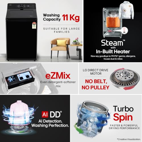 Image of LG 11 Kg, 5 Star, AI Direct Drive Technology, Wi-Fi Enabled, Inverter Direct Drive, Fully Automatic Top Load Washing Machine (TX311SWO, Turbodrum, In Built Heater with Steam, Turbowash, Onyx Black)