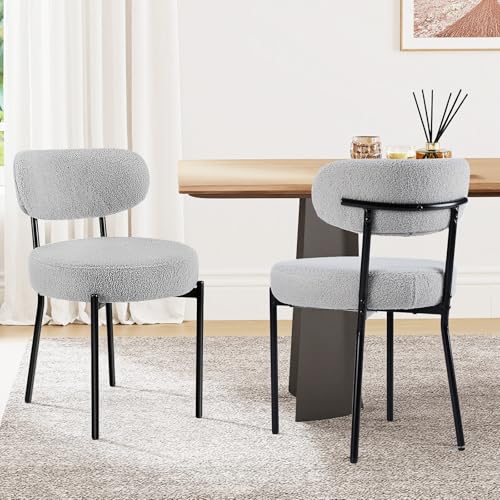 Sweetcrispy Dining Chairs Set of 2, Boucle Upholstered Modern Mid Century Round Kitchen Chairs with Curved Backrest & Metal Legs for Vanity, Living Room - Grey