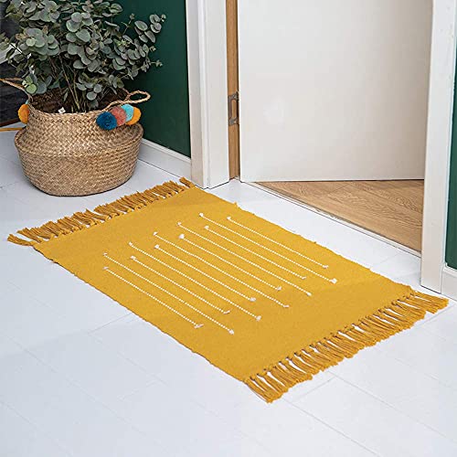 Wolala Home Bohemian Geometric Hand Woven Cotton Rugs Entry Way Rug Rag Rug With Tassels And Non-Slip Mats Modern Floor Mat For Door Porch Kitchen 2X3 Feet,Machine Washable Yellow #TOP4