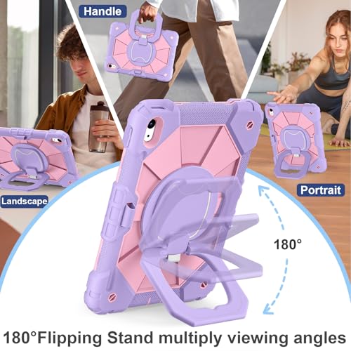 Image of Scnioy Case for iPad (A16) 11th Generation 11 Inch (2025), iPad 10th Generation Case 10.9 Inch (2022), Shockproof Cover with 360 Rotating Stand Screen Protector Pen Holder Shoulder Strap, Purple Pink