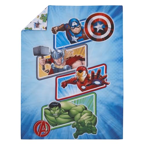 Image of NoJo Marvel The Avengers I Am A Hero Blue, Green, Red, and Yellow 4 Piece Toddler Bed Set - Comforter, Fitted Bottom Sheet, Flat Top Sheet, and Reversible Pillowcase