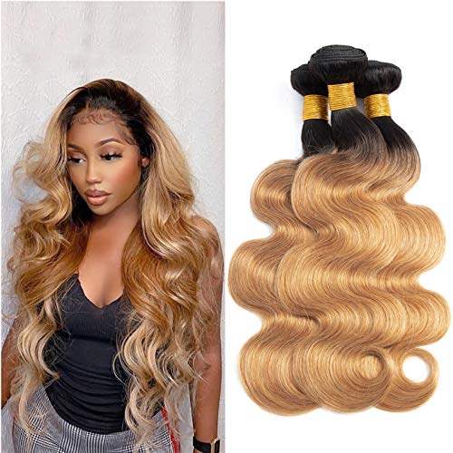 Ombre Bundles Human Hair Body Wave 1B27 Hair Bundles Brazilian Virgin Hair Grade 9A Dark Roots To Honey Blonde Two Tone Bundles For Women Double Weft Tangle Free 16 18 20 Inch