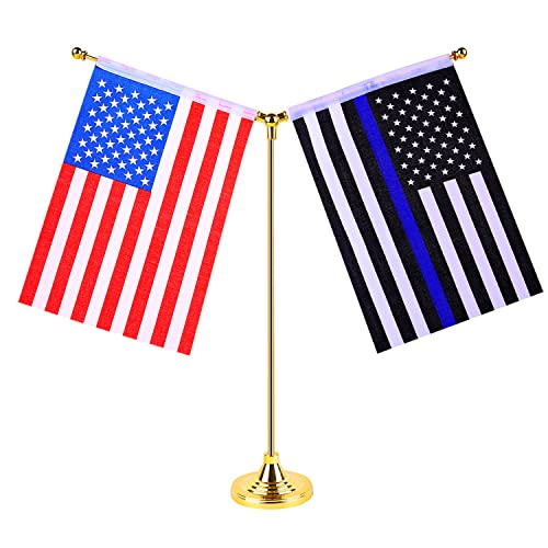 Fwiw American Usa Thin Blue Line Flag Police Desk Flag Small Mini Policeman Office Table Flags With Stand Base Golden Metal Stick Deluxe Set,Us Party Festival Events Home Office Decorations #TOP17