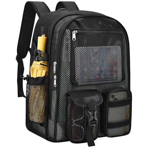 Mesh Backpack for School,with Inner Laptop Compartment,Semi-transparent Bookbag with Bungee and Comfort Padded Straps for Beach, Swimming, Sports, Work, Travel-Black