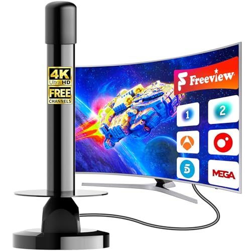 Antena de TV Interior 2025 Actualizada, Señal Estable y Potente hasta 480 km, Compatible con Smart TV 4K/1080P, Base Magnética Firme y Cable de 5 m, Capta Canales TDT Locales y Nacionales