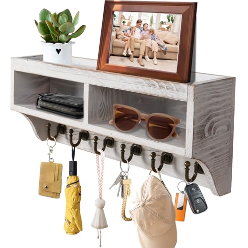 KERESUEDO - Key Holder Wall Mount - Mail Organizer Wall Mount with 6 Key Hooks and Storage Box for Sunglasses Storage and Dog Leash Holder Home Decor Rack Apartment Farmhouse Shelf Entryway Organizer (White)