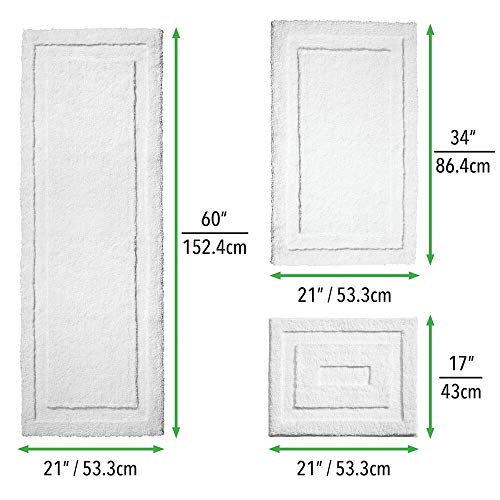 mDesign Soft Microfiber Polyester Spa Rugs for Bathroom Vanity, Tub/Shower - Water Absorbent, Machine Washable - Includes Plush Non-Slip Rectangular Accent Rug Mats in 3 Sizes - Set of 3 - Pure White