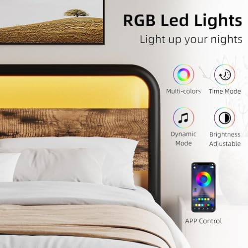 Image of Twin Bed Frames, Metal Platform Twin Bed Frame with Wood Headboard, Brown | RBG LED Lights /Heavy Duty Metal Slats Support /12 in Under-Bed Storage /Noise-Free /No Box Spring Needed /Easy Assembly