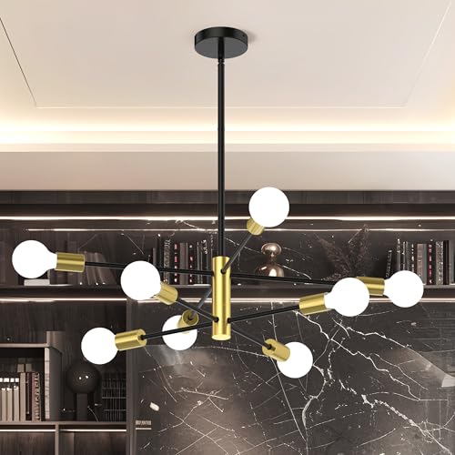 Phaosio Sputnik Chandelier 8-Light, Mid Century Modern Height Adjustable Ceiling Light Fixture for Dining Room, Kitchen Island, Living Room,Bedroom-Black and Gold