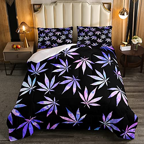Juego de edredón de hojas de marihuana 3 piezas para niños y niñas, hoja de cannabis, cómodo juego de cama con hojas de plantas tropicales, edredón acolchado con 2 fundas de almohada, tamaño doble