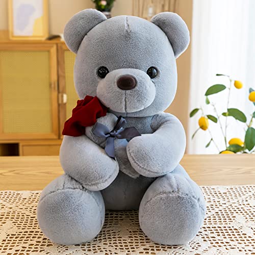 FIASHCN Cute Rose Flower Teddy Bear Plush Toy Cartoon Teddy Bear Hugging Pillow Stuffed Animal Doll For Girls/Couples Gift Grey 25cm