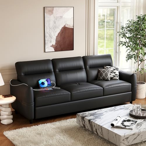 STHOUYN 85” Black Faux Leather Couch with USB, 3 Seater Sofa for Living Room, Large Mid Century Modern Office Couch for Apartment, Bedroom