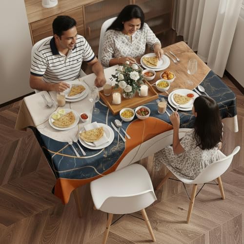 Image of DARSHANAM WORLD Mid-Century Modern Geometric 4 Seater Tablecloth - Waterproof & Spill-Proof Fabric, Abstract Pattern Design, Washable Decorative Table Cover for Dining Room, Kitchen. (Wave Italian)