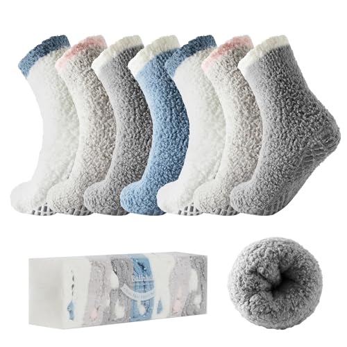 Image of Bulinlulu Fuzzy Socks with Grips Plush Sleep Cozy Winter Soft Hospital Fluffy Socks for Womens Mens Gifts