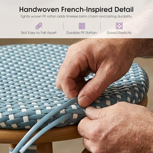 Image of PURPLE LEAF Outdoor French Round Bar Stool Set of 2 Large 30 inch Armless Handwoven Rattan Wicker Barstools with Bamboo Print Aluminum Frame Footrest for Patio Restaurant Bistro Soft Blue