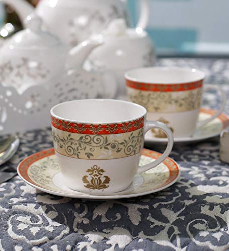 Image of Bone China Premium Royal Cups and Saucers - White /Red 200 ml - Coffee Mugs Set of 2 - Pack of 12 - Elegant Gift for Coffee Mug Lovers - Ideal for Women & Men