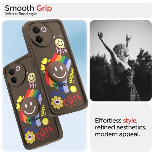 Image of Pikkme Back Cover for Vivo V30e 5G | Soft Silicone| Cute Rainbow Smile & 3D Cartoon Flower Design | Shockproof Raised Camera Protection Bumper Case (Brown)