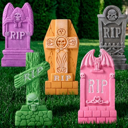 Image of JOYIN 17 inch Halloween Foam Tombstones (5 Pack), Colorful RIP Graveyard Tombstones Decorations Outdoor with Metal Stakes for Yard Lawn Garden Halloween Party Decor