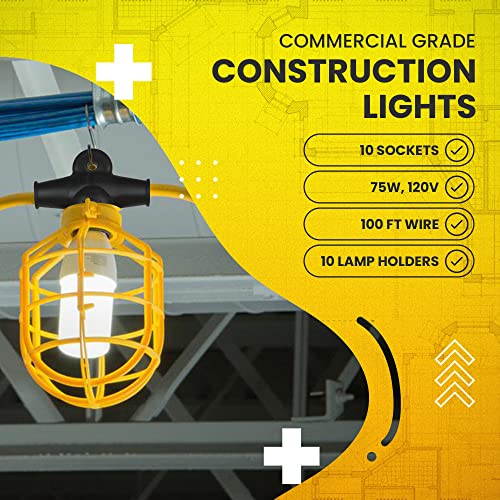 Construction Lights, Work Lights, String Light, Portable String Lights Construction, Temporary Lighting, 100 Foot String With 10 Medium Base Sockets Indoor And Out-Door, Caged Worklight (100Ft) #TOP2