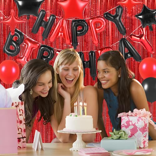 Image of Happy Birthday Banner 13pcs 16 Inch Mylar Foil Letters with 2 Pack Curtain Party Backdrop 32pcs Latex Balloon Birthday Party Decorations Party Decor Supplies for Kids and Adults (Black-red)