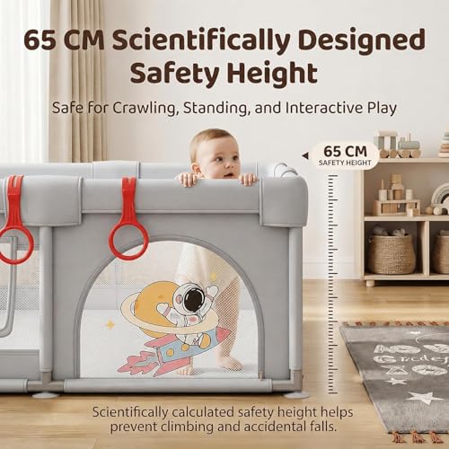 Image of StarAndDaisy Play Pen for Baby for 0-5 Years 150 x 180 cm Baby Play Area Indoor Setup with Safety Lock & Anti-Fall Grasp System | Breathable Play Pen for Kids Indoor - Grey
