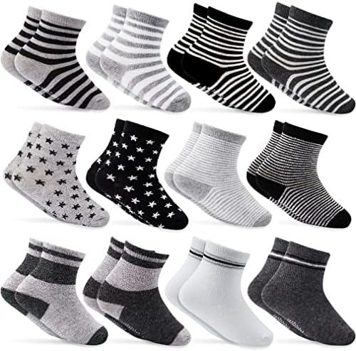 CUBACO Baby Socks, 12 Pairs Non Skid Anti Slip Cotton Grip Socks for Toddler Baby Toddler Socks Baby Boy Socks 12-24 months Toddler Socks with Gripper