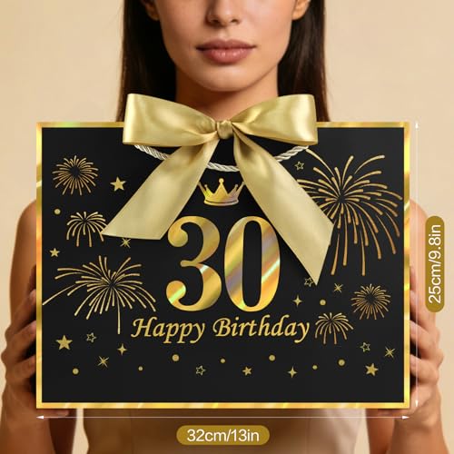 Image of JMANNI Black Gold 30th Birthday Gift Bag with Card and Tissue Paper, 12.6 inchx9.84 inchx3.9 inch Elegant Present Bag for Adults, 30 Year Old Birthday Keepsake Party Supplies