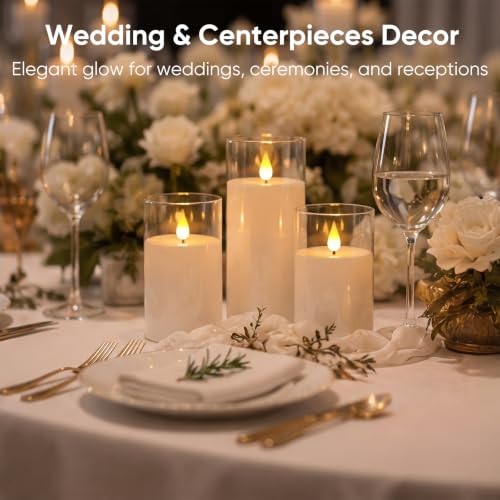 Image of Homemory Pure White Flameless Candles, Battery Operated Acrylic LED Pillar Candles with Remote Timer, Realistic Flickering Fake Candles for Home Decor, Christmas, Wedding, Church, Set of 3