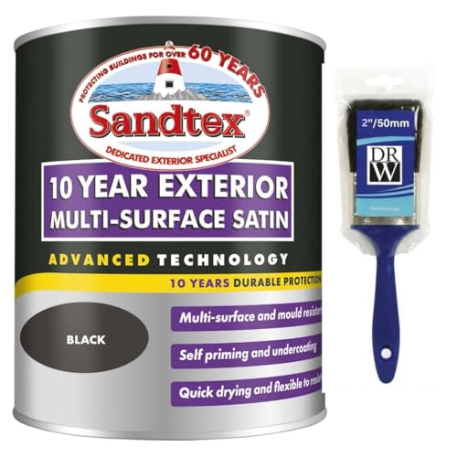 DRW Black 10 Year Satin Multi Surface Paint 2.5L+2 Brush | Interior and Exterior Wood Metal and PVC Paint | High Shine Durable Satin Finish
