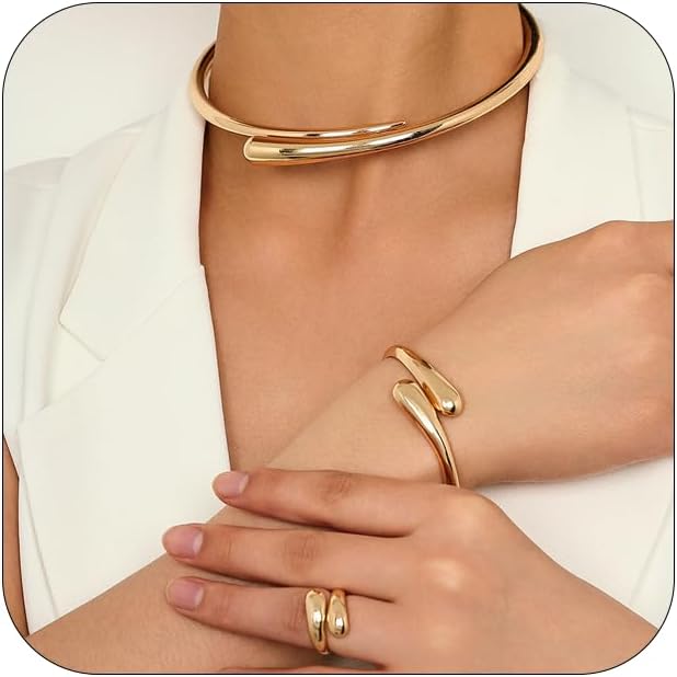 3 Pcs Chunky Gold Statement Jewelry Set for Women Bold Golden/Silver Choker Necklace Bracelet Ring Set Minimalist Open Adjustable Geometric Collar Necklace Fashion Jewelry Accessories for Women