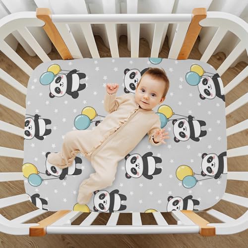 Image of Panda Stars Balloon Grey Fitted Crib Sheet for Boys Girls Baby Bed Sheet for Toddler Mattresses,39 x 27 in