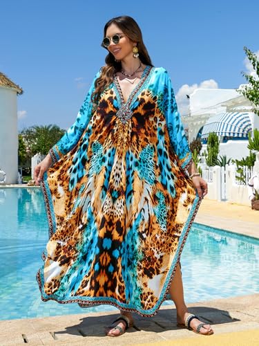 Image of IMAGEKOPE Women's Plus Size Animal Print V-Neck Batwing Kaftan Beach Dress Bathing Suit Cover-Up Loungewear