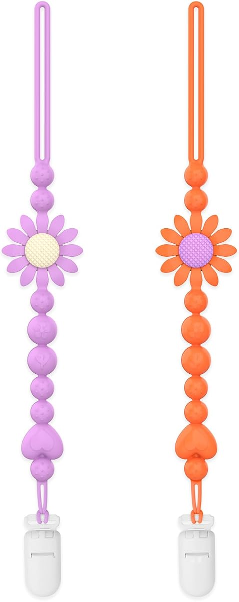 Clip para chupete, paquete de 2 clips de silicona para chupete con diseño de una pieza para niños y niñas recién nacidos, clip para chupete con patrones florales que se adapta a la mayoría de chupetes, baby shower y regalos para bebés