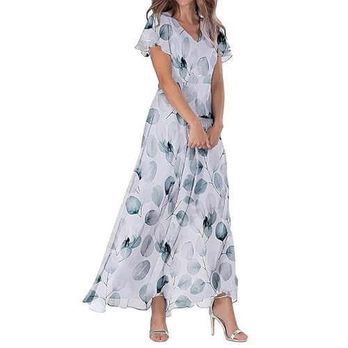 Womens Boho Elegant Light Blue Leaf Print Maxi Dress V