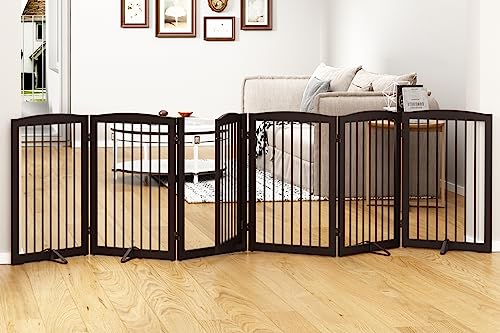 Freestanding Pet Gate with Door, Tall Dog Gate for House, Extra Wide, Pet Puppy Safety Fence, Support Feet Included, 120 Inch Wide, 6 Panels 32" Tall, Brown