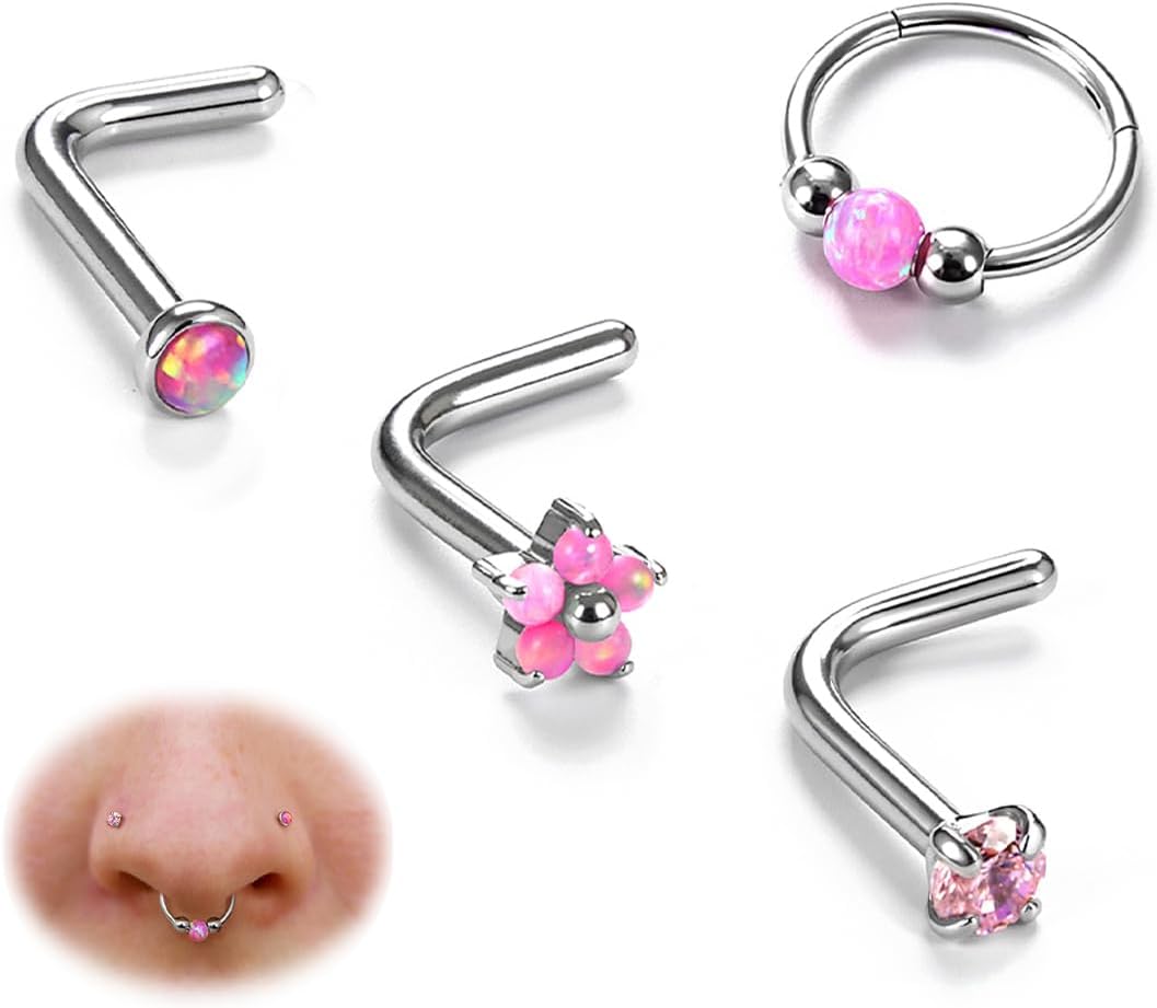 BodyBonita Opal Nose Rings for Women - 316L Surgical Steel Nose Hoops Piercing 20G 18G 16G Septum Rings L Shaped Nose Studs Jewelry Cartilage Conch Daith Helix Tragus Earrings 8/9/10mm 4Pcs 4Pcs