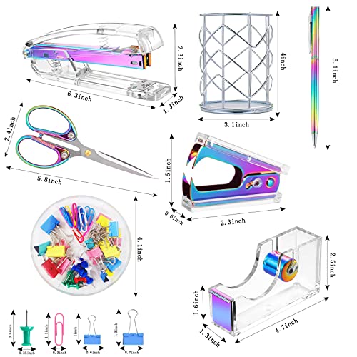 Famassi Dream Color Acrylic Stapler and Tape Dispenser Set, Office Supplies with Tape Dispenser, Stapler Remover, 2 Ballpoint Pen, Scissor, Binder Clips, Paper Clips and 1000pcs Staples