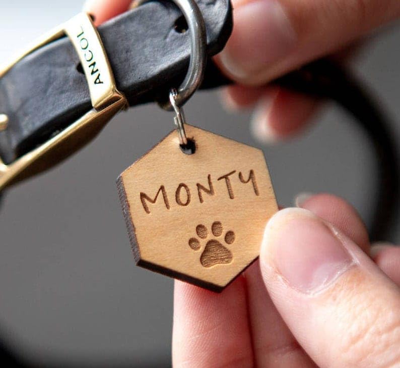 Personalized Pet ID Tags - Cat & Dog Name Tags - 1 Count, Light Brown, Round HEXAGON, Wood, Polished