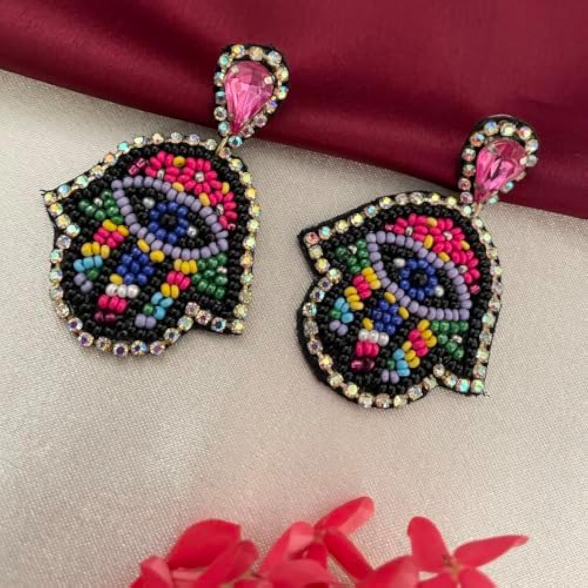 Stylish Evil Eye Hamsa Design Colourful Mini Beaded Dangler Earrings