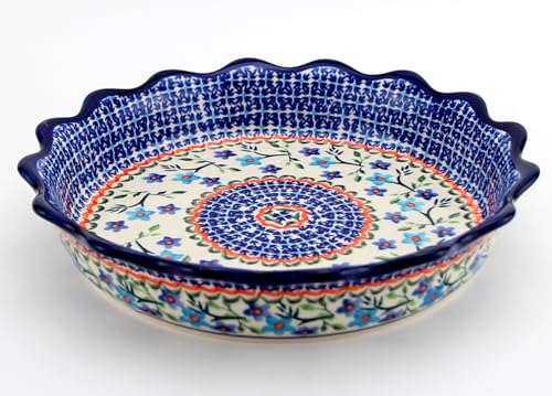 Polish Pottery Market Polish Ceramic Scalloped Edge 9” Handcrafted Quiche Pie Dish, Multi-Colored