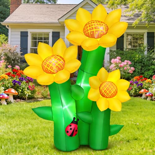 KOOY 6FT Spring Easter Inflatable Sunflowers Outdoor Decoration Inflatable Sunflowers Blow Up Yard Decor Built-in LED Lights for Spring Summer Easter Yard Garden Lawn Party