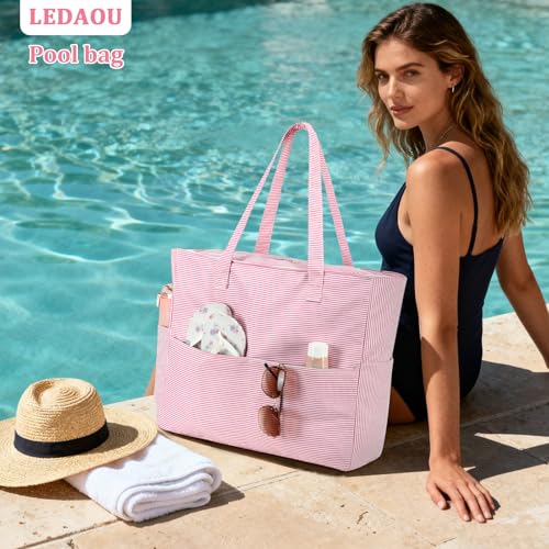 Image of LEDAOU Large Beach Tote Bag Women Waterproof Sandproof Zipper Beach Tote Bag for Pool Gym Grocery Travel with Wet Pocket | Sandproof