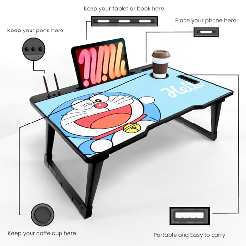 Image of Foldable Wooden Mini Laptop Table for Bed, Study Table with Drawer, Tablet /Mobile Holder for Kids & Adults (COTTED DRM)