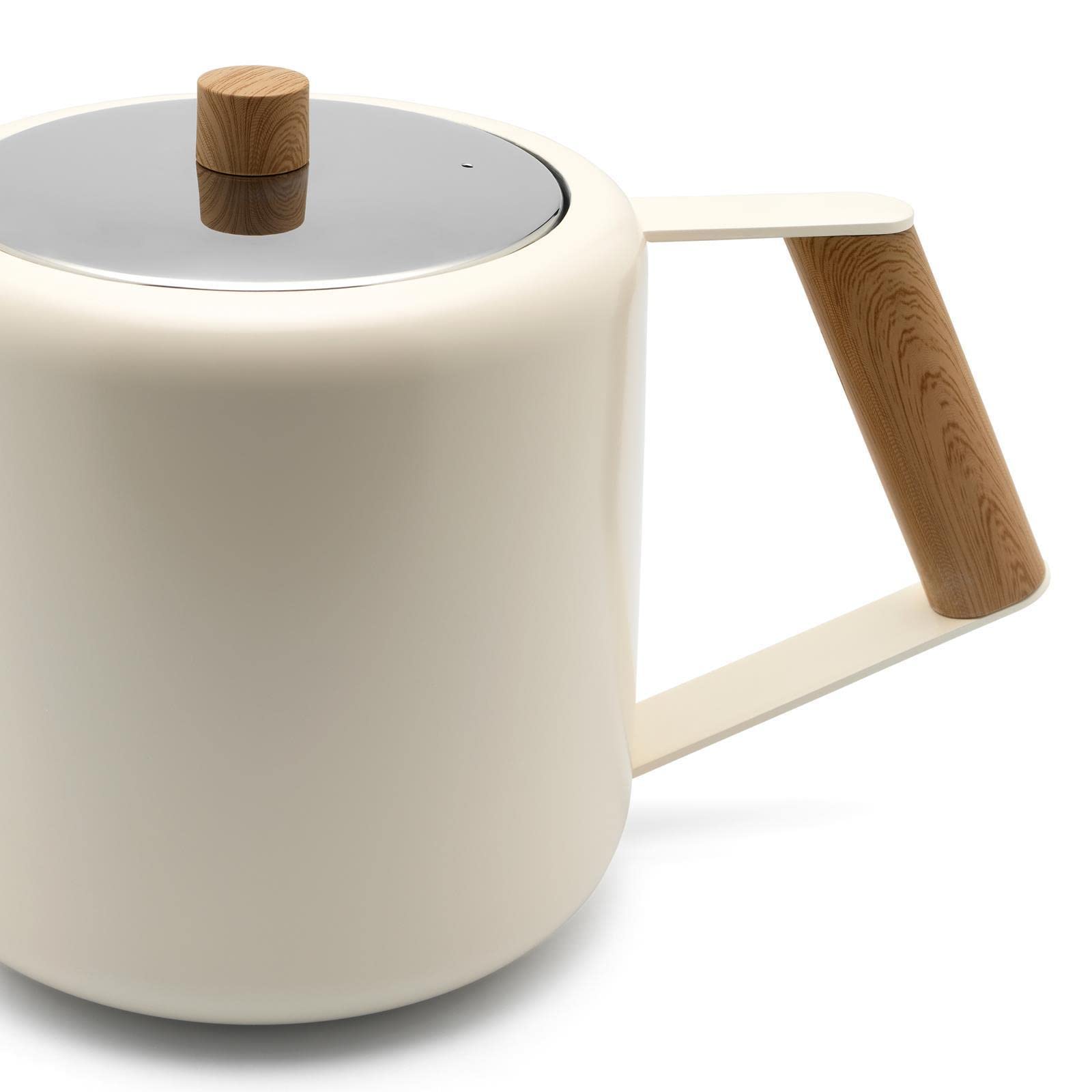 Bredemeijer Teekanne Set 1.1 Liter - Edelstahl doppelwandig Creme-Weiß - Großer moderner Teebereiter mit Tee-Filter-Sieb-Aufsatz für losen Tee - inkl. Holz-Untersetzer schwarz