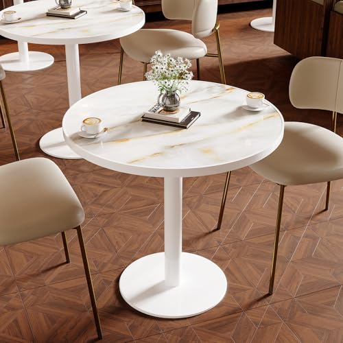 Image of 31.5 inchTulip Table, Small Modern Round Dining Table for 2-4, Sintered Stone Circle Dining Tables with White Metal Pedestal Base, Tulip Tables for Kitchen /Cafe /Small Spaces /Restaurant (Marble White Gold)