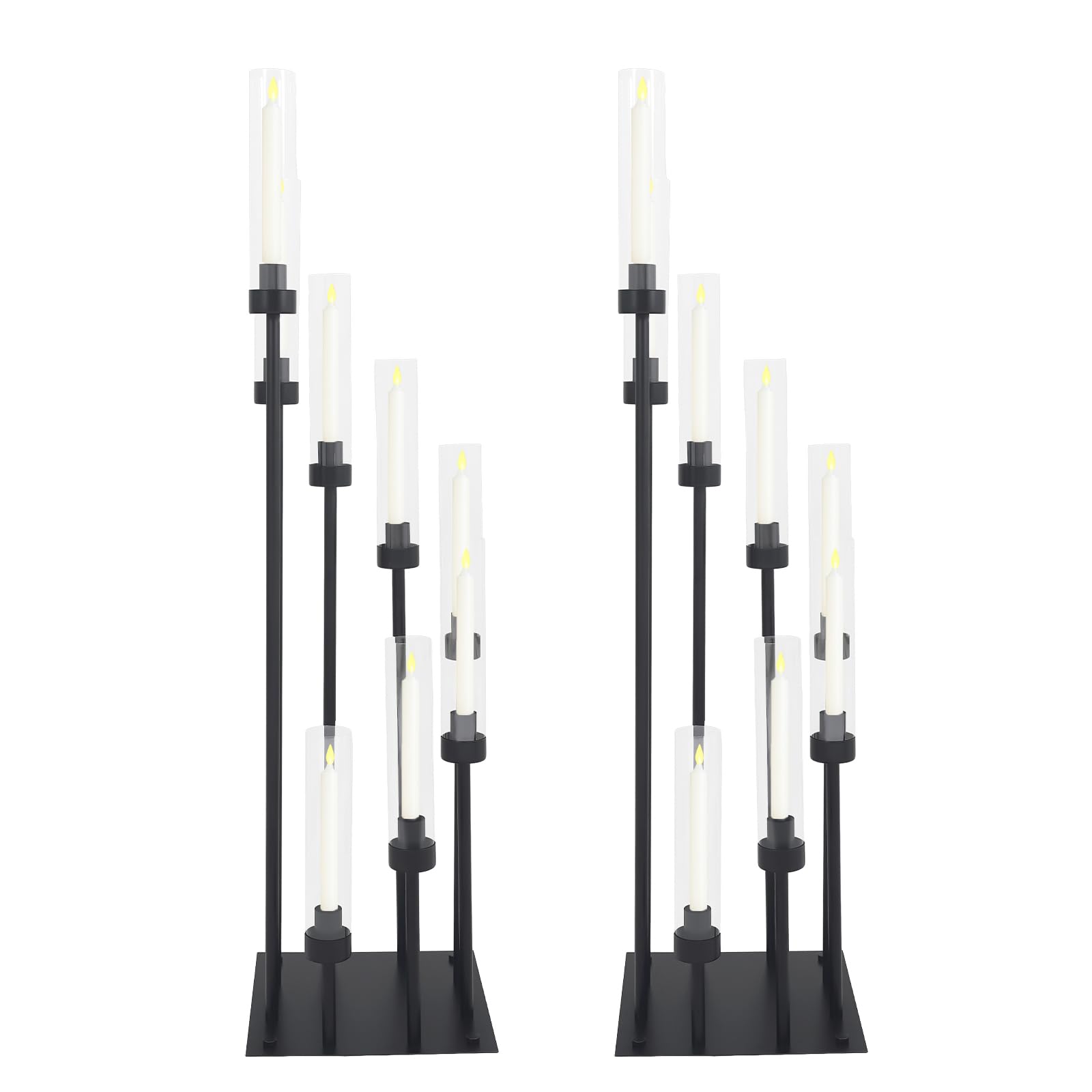 8 Arm Kerzenhalter Set Schwarz mit Glas Windschutz Metall Kerzenständer | Elegante Tischdeko mit 2 Größen, stabilem Stand und stimmungsvollem Kerzenlicht für Wohnzimmer, Hochzeit und Feiertage