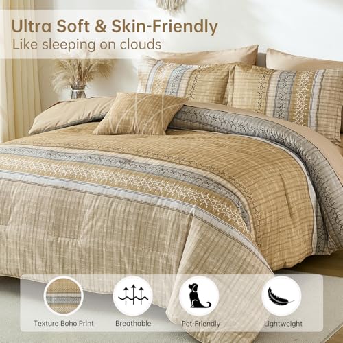 Image of Dintszyayue Khaki King Comforter Size Set, 8 Pieces Striped Boho Texture Bed in a Bag Sets, Lightweight Soft Bohemian Comforter and Sheet Set, All Season Microfiber Bedding Sets for Men Women